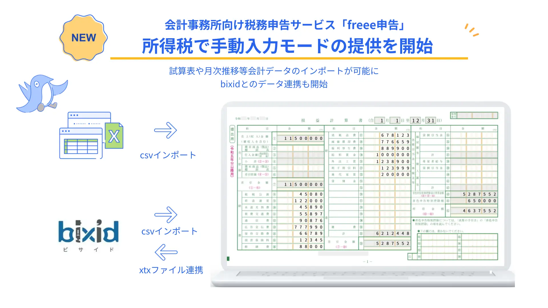freee申告、freee会計の情報を利用せずに申告書を作成・申告できる「手動入力モード」の提供開始　経営支援クラウド「bixid」とのデータ連携も併せて開始