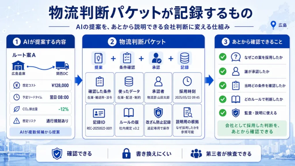  共同特許の概要：AI提案を記録可能な物流判断パケットへ 