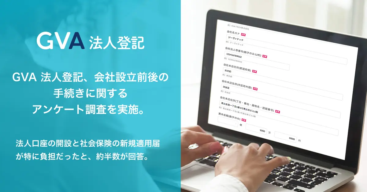 GVA TECH、起業家に会社設立前後の手続きに関するアンケートを実施。法人口座の開設と社会保険の新規適用届が負担だと、約半数が回答